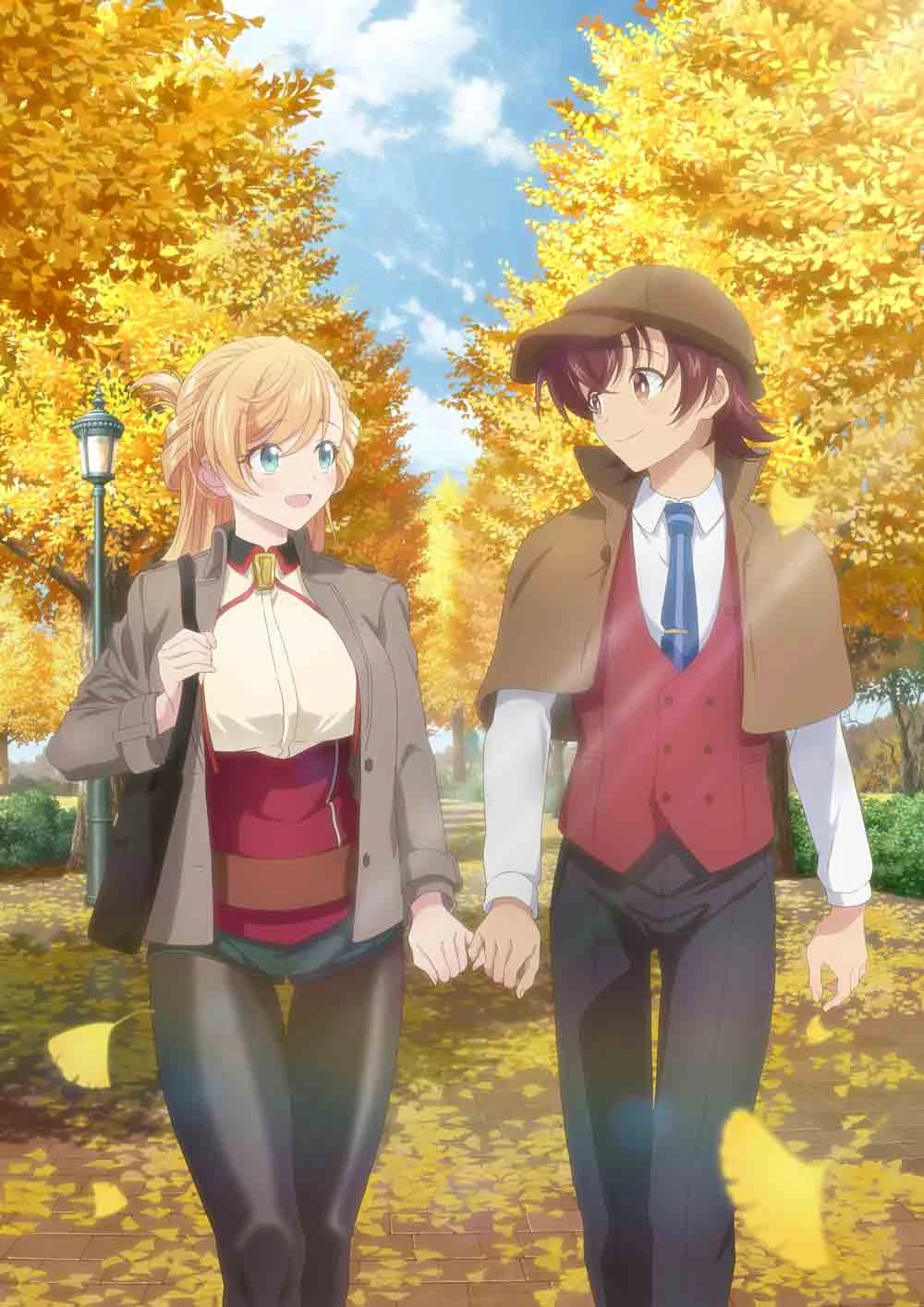 Official Ms. Isshiki anime main visual of Rinna and Meishi walking beneath golden autumn trees