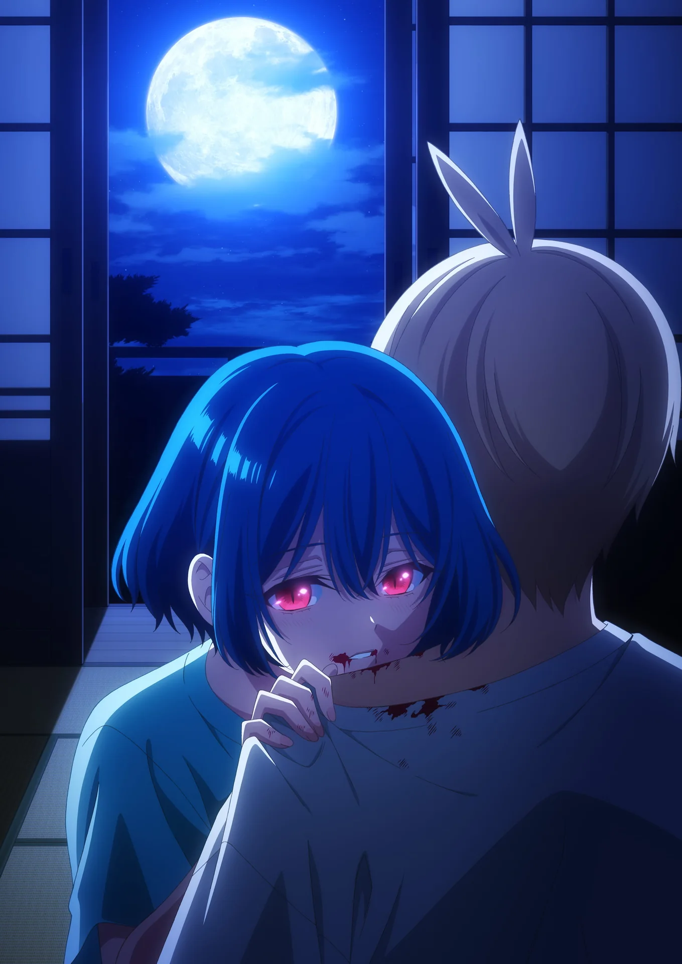 Official Hiragi-san anime super-teaser visual: Yukie approaches Shota beneath moonlight