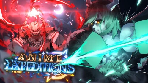 Official Anime Expeditions Roblox promotional artwork with the game logo and anime-inspired characters